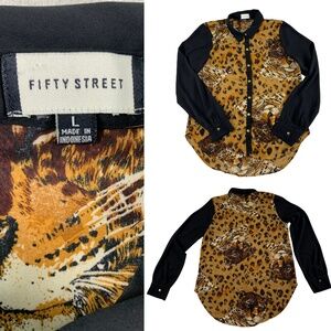 Y2K Fifty Street Cheetah Button Up Blouse Women L Gold Tone Buttons Retro Glam
